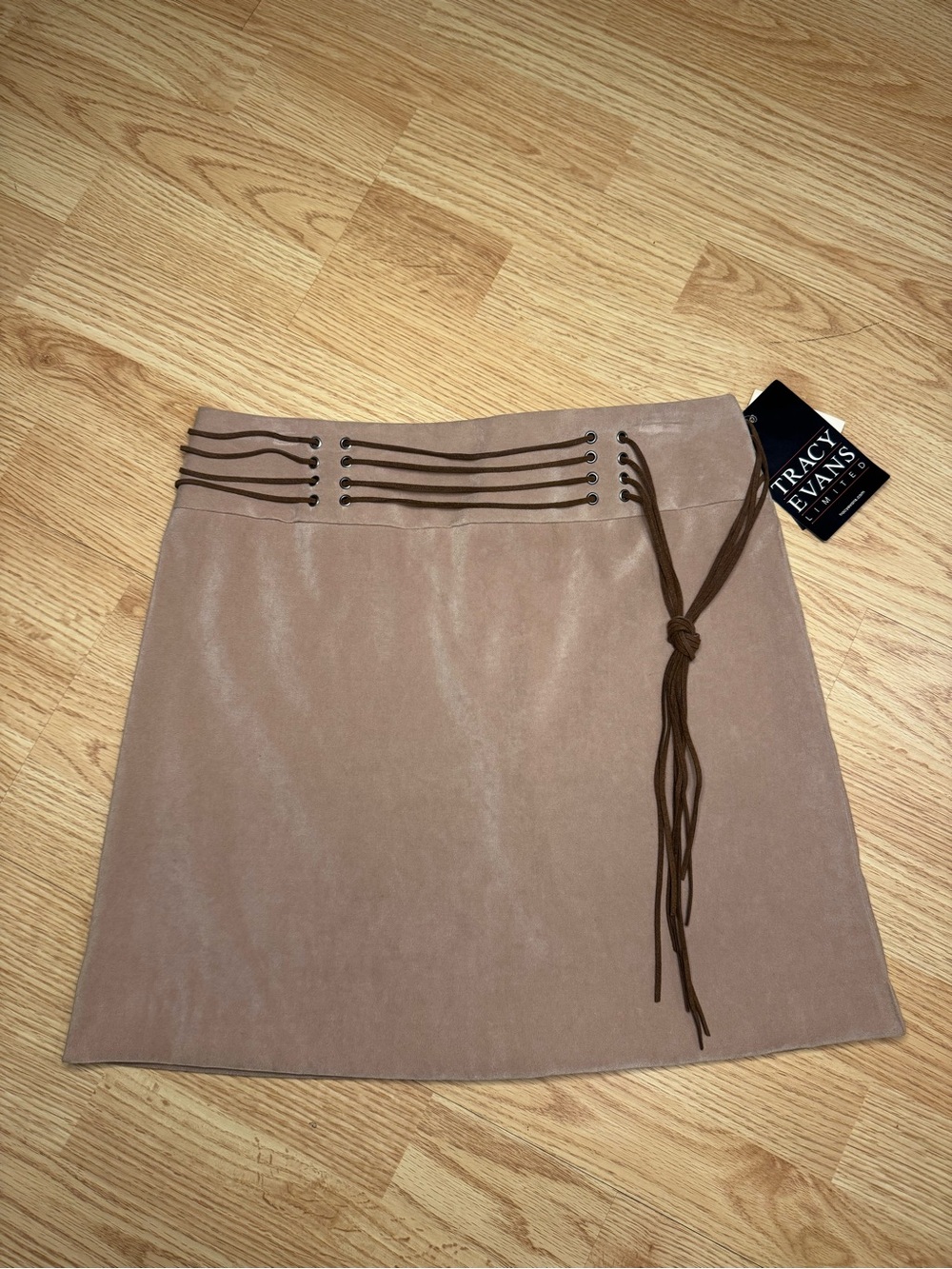 Tracy Evans Tan Stretchy Faux Suede Belted Mini Skirt